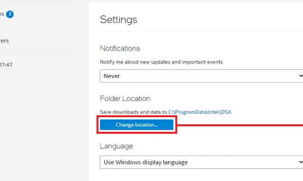 changer l'emplacement du support du pilote Intel