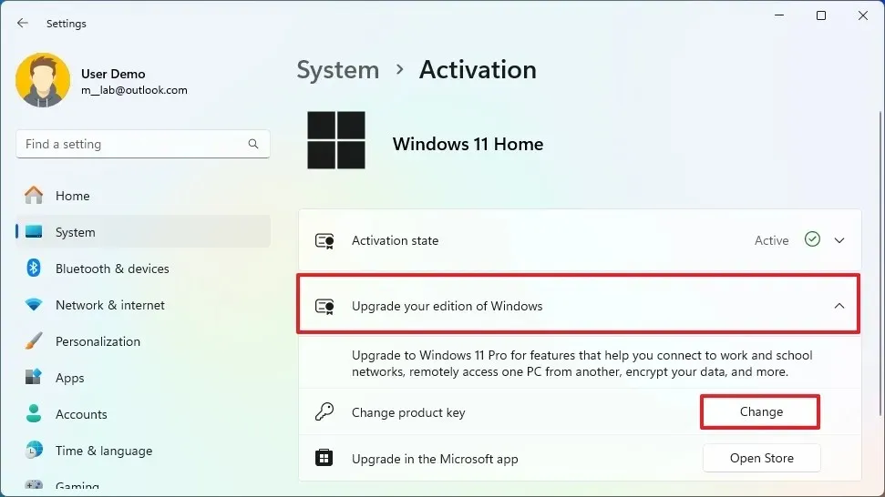 Home から Pro にアップグレードするにはプロダクト キーを変更します