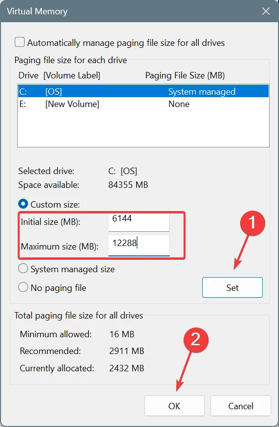 vergroot virtueel geheugen om SHARED_RESOURCE_CONV_ERROR te repareren