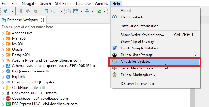檢查更新 dbeaver