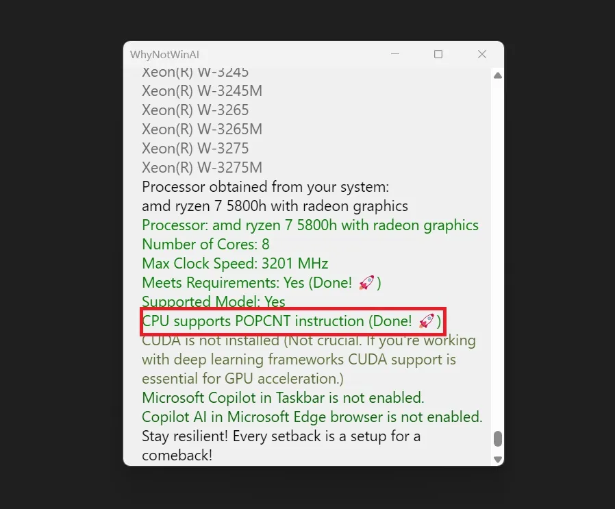 vérification de la prise en charge de popcnt à l'aide de l'outil whynotwinai dans Windows 11