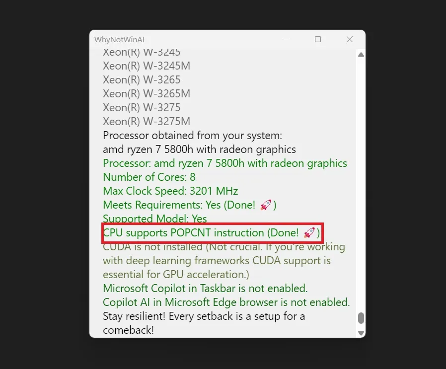 在 Windows 11 中使用 Whynotwinai 工具檢查 popcnt 支持