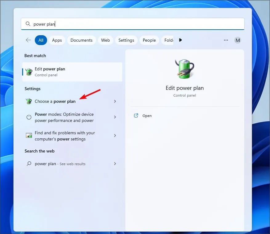 kies een energieplan windows 11 zoekresultaten