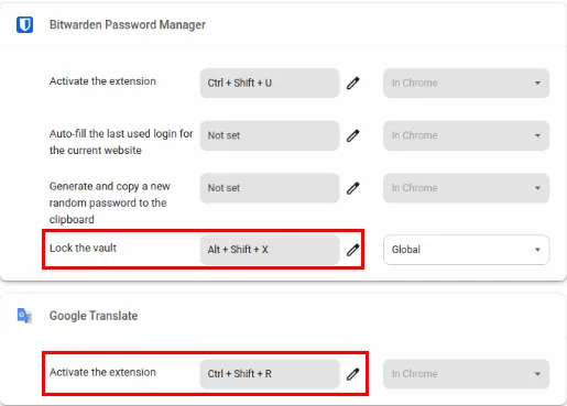 Une capture d'écran mettant en évidence deux raccourcis clavier avec différentes touches de modification.