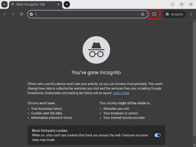Una captura de pantalla que muestra la ubicación del ícono de los complementos en la sesión de incógnito.