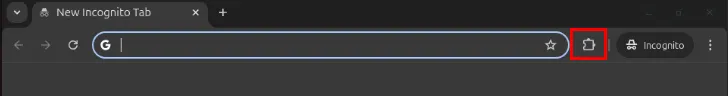 Ein Screenshot, der die Position des Puzzleteilsymbols in der Inkognito-Sitzung von Chrome zeigt.