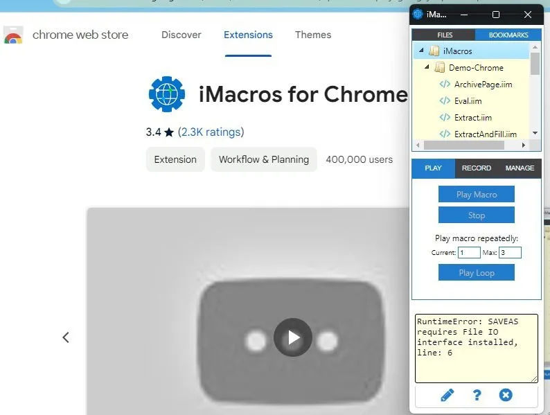 Demo-macro die wordt uitgevoerd in iMacros in Chrome.