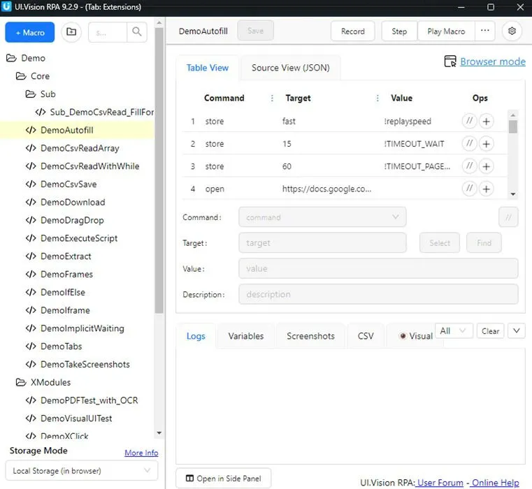 Spielen mit Demo-Automatisierungen in UI.Vision RPA