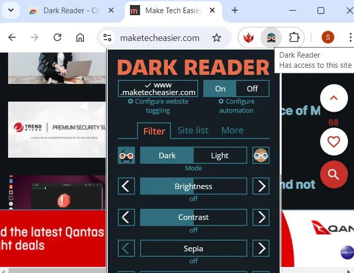 Dark Reader, una extensión de Chrome para productividad que varía el brillo, el contraste y otros efectos para lograr configuraciones de legibilidad perfectas.