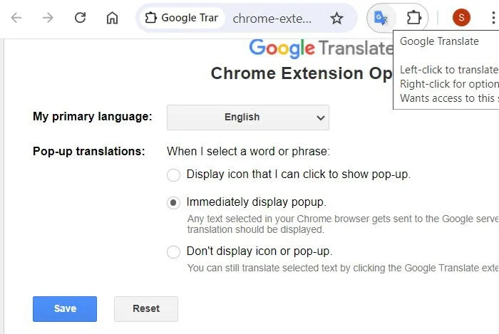 Configuración de extensión para Google Translate, incluida la opción para mostrar o no una ventana emergente para la traducción.