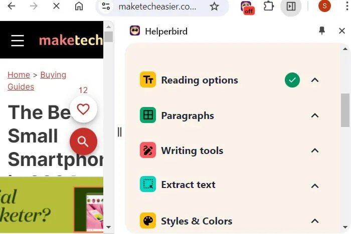 Elenco delle varie funzionalità di leggibilità dell'estensione Helperbird.