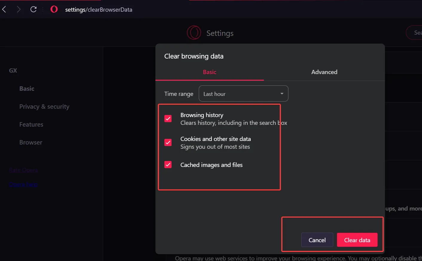 borrar datos opera gx