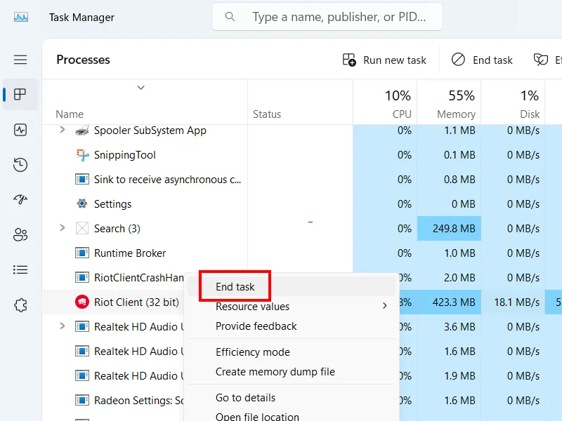 Riot-Client im Task-Manager schließen