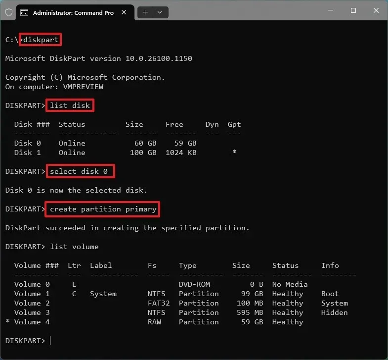 diskpart créer une partition principale