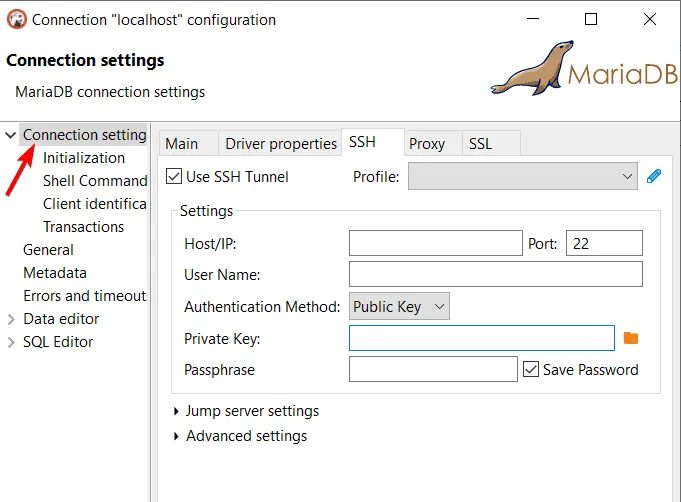 paramètres de connexion dbeaver