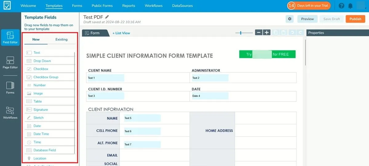 Hinzufügen bearbeitbarer Felder zu PDF im Online-Tool GoFormz.