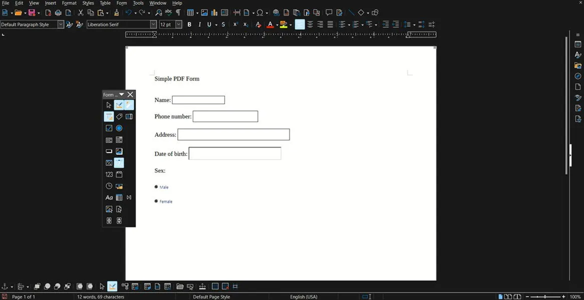 Creación de un nuevo formulario rellenable en LibreOffice.