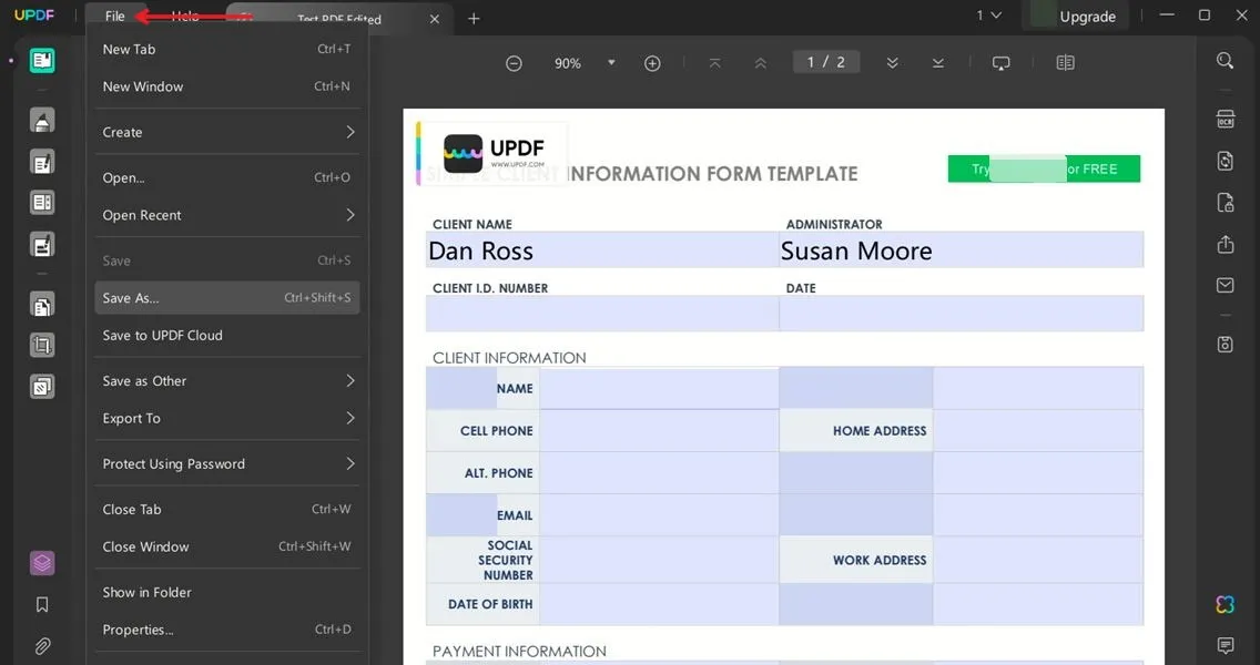 Speichern von PDFs mit ausfüllbaren Formularfeldern im UPDF-Tool.