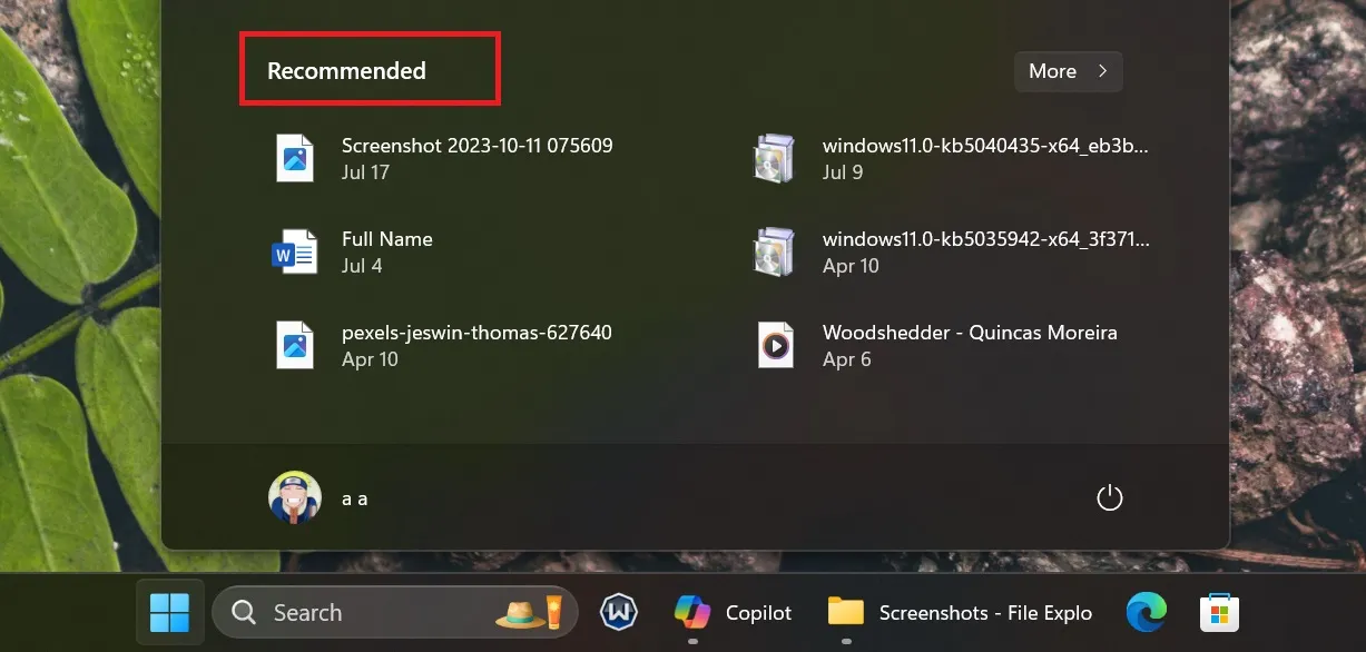 copilot-integratiemogelijkheid in aanbevolen sectie van het startmenu Windows 11 24h2