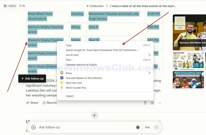 Kopieren einer Tabelle in Perplexity Ai