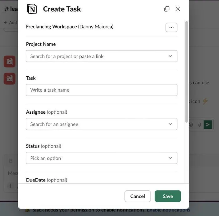 La ventana para crear una tarea de Notion dentro de Slack