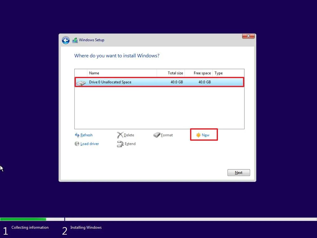 Installazione di Windows 10, creazione di una partizione personalizzata