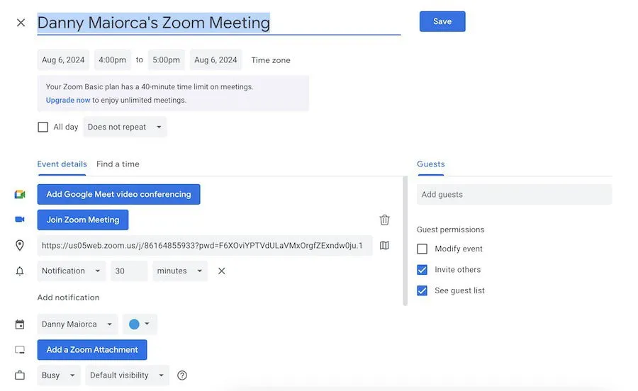 Crea una riunione Zoom in Google Calendar tramite l'estensione