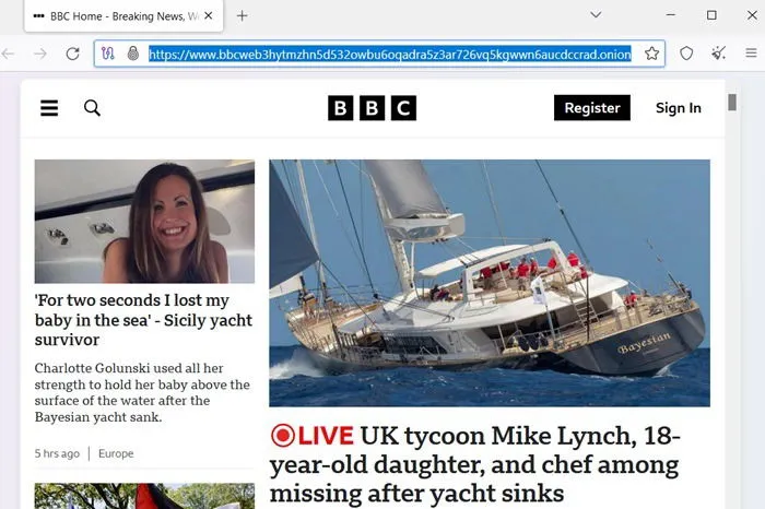 BBC-Onion-Link im Tor-Browser geöffnet.