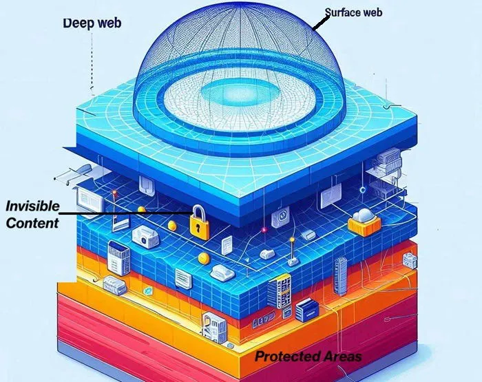 Structuur van het deep web ten opzichte van het oppervlakteweb.