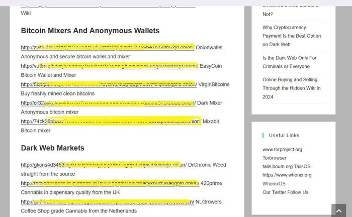 Darknetmarkten zichtbaar via Tor-browser. De onion-links zijn verduisterd.