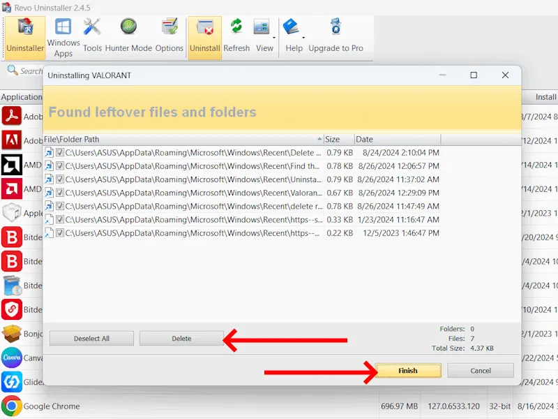 Usuń pliki resztkowe Valorant Revo Uninstaller