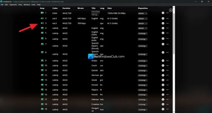 Desactivar la pista de audio usando LosslessCut