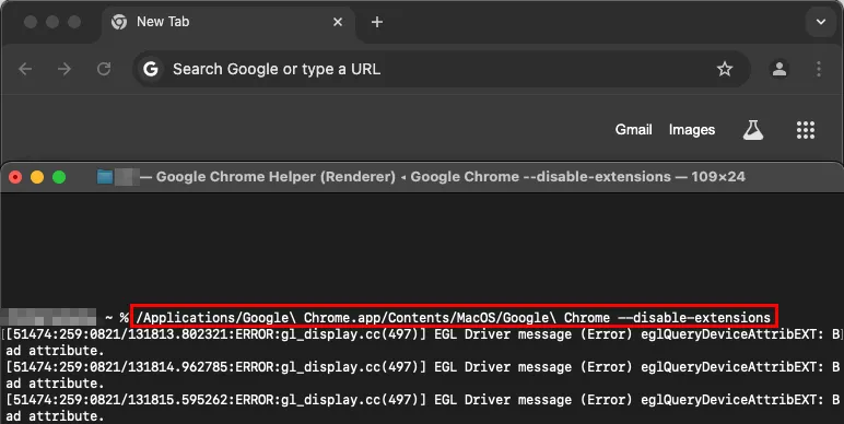 Een schermafbeelding die de Terminal-opdracht toont om Chrome uit te voeren zonder extensies.