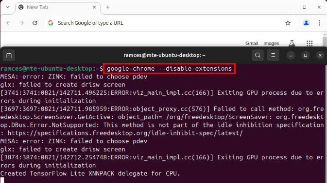 확장 프로그램 없이 Chrome을 시작하기 위해 Ubuntu Linux 터미널에서 실행하는 명령을 강조한 스크린샷입니다.