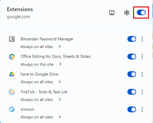 Een schermafbeelding waarop de belangrijkste schakelaar voor het uitschakelen van Chrome-extensies is gemarkeerd.