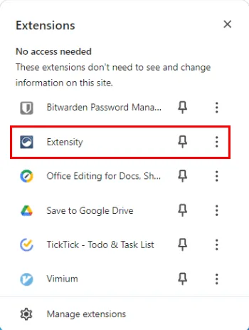 Una captura de pantalla que resalta la extensión Extensity en el menú adicional de complementos de Chrome.