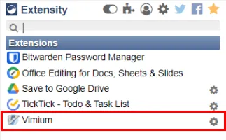 Ein Screenshot, der die Vimium-Erweiterung in Extensity hervorhebt.