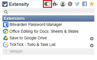 Zrzut ekranu przedstawiający globalny przełącznik rozszerzeń w Extensity.