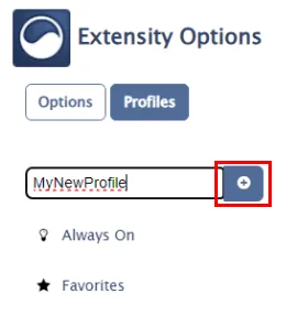 Zrzut ekranu przedstawiający przycisk umożliwiający utworzenie nowego profilu rozszerzeń w Extensity.