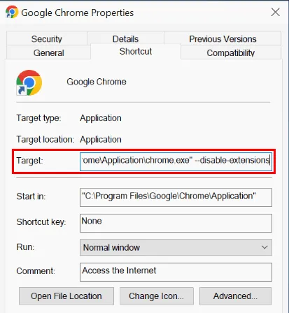 Une capture d'écran montrant l'option --disable-extensions ajoutée à la fin du chemin de raccourci.