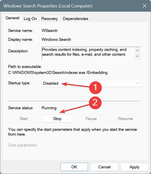 Deshabilitar el servicio para reparar SearchFilterHost.exe