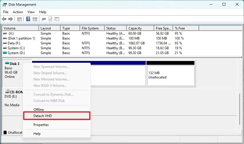 Zarządzanie dyskami odłącz VHD