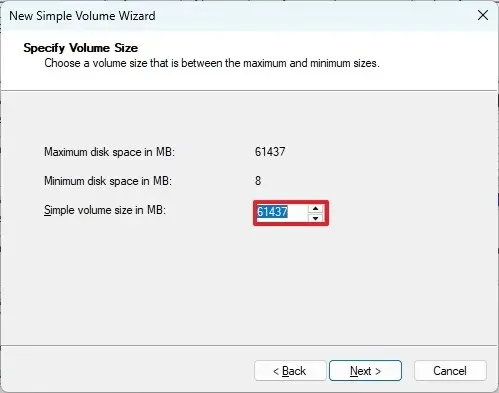 Dimensione del volume in megabyte