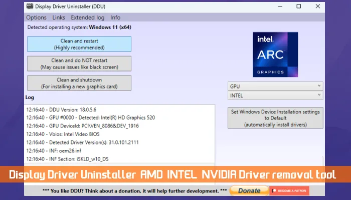 Strumento di rimozione driver Display Driver Uninstaller AMD, INTEL, NVIDIA per Windows