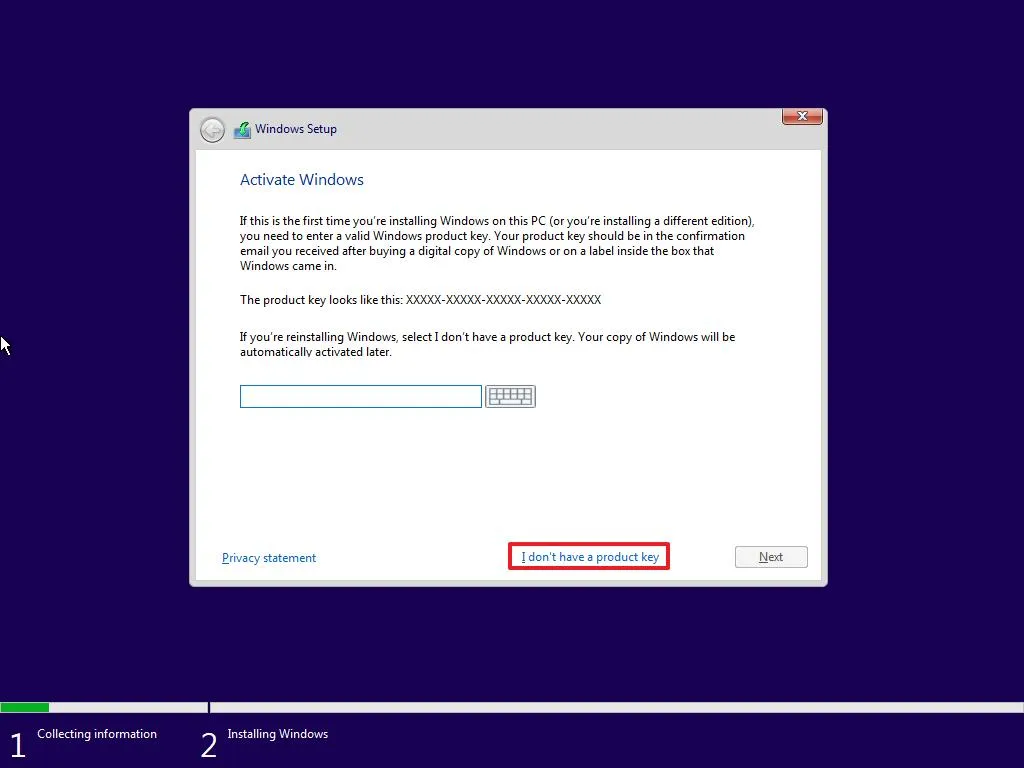 Installazione di Windows 10, impostazioni della chiave prodotto