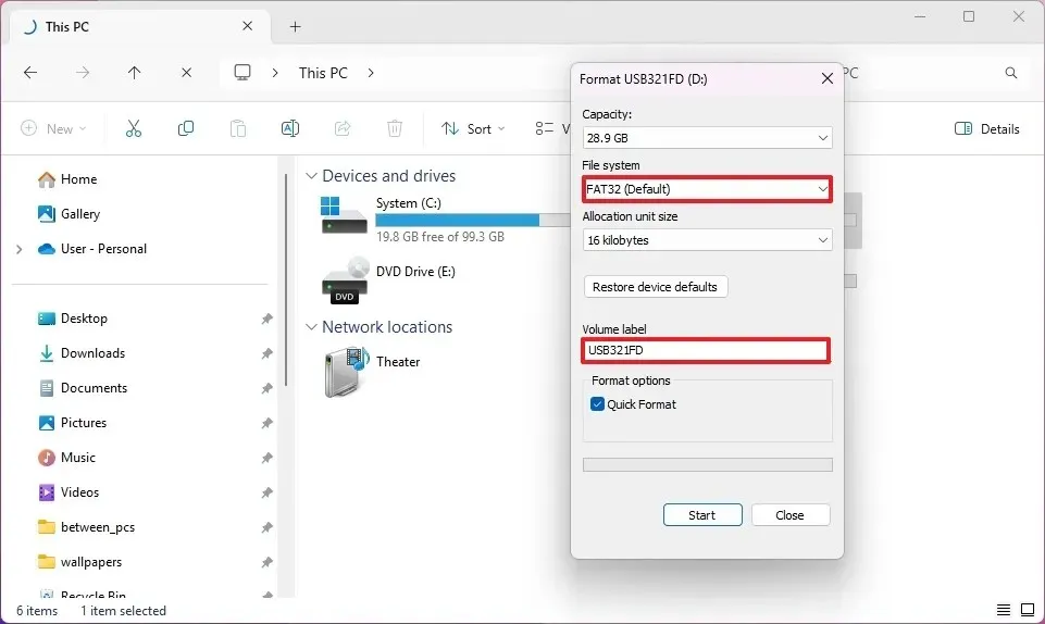 Formato unità con file system FAT32