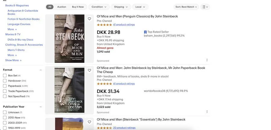 Wyniki wyszukiwania na eBay dla Of Mice and Men