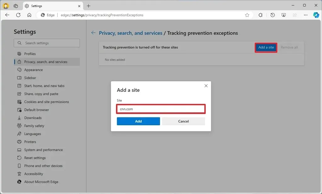 Edge voegt site toe om tracking uit te schakelen