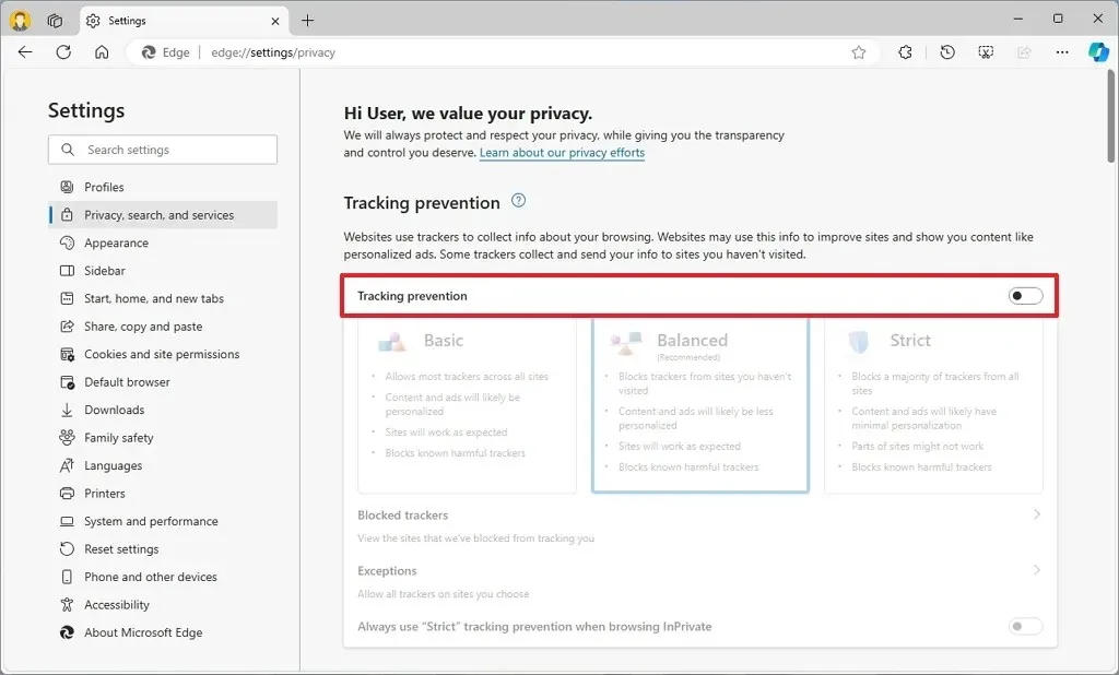 Edge wyłącza zapobieganie śledzeniu