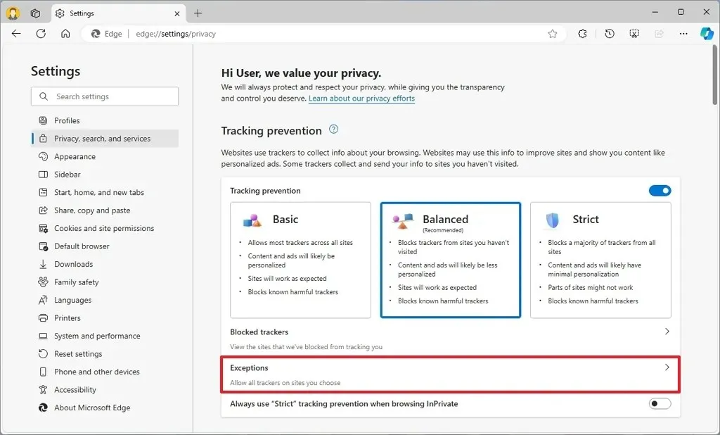 Excepciones de prevención de seguimiento de bordes